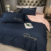 Navy and Pink Embroidered Script Plain Bedding Set