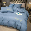 Plain Bedding Set with Embroidered Writing Blue