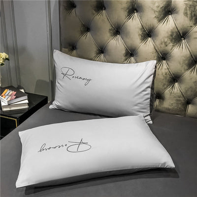 Plain Bedding Set with Light Gray and Dark Gray Embroidered Writing