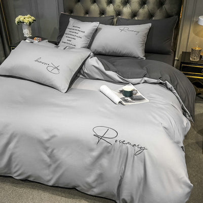 Plain Bedding Set with Light Gray and Dark Gray Embroidered Writing