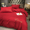 Plain Bedding Set with Red Embroidered Script