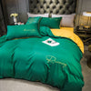 Plain Bedding Set with Green and Yellow Embroidered Script