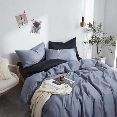 Gray Blue 100% Cotton Plain Bedding Set