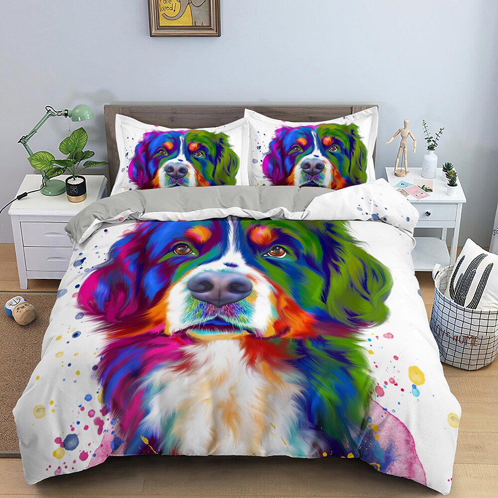 White Duvet Cover Bernese Mountain Dog Multicolored