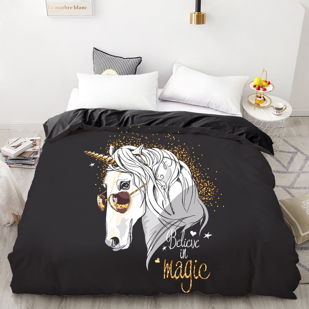 White Unicorn Black Duvet Cover
