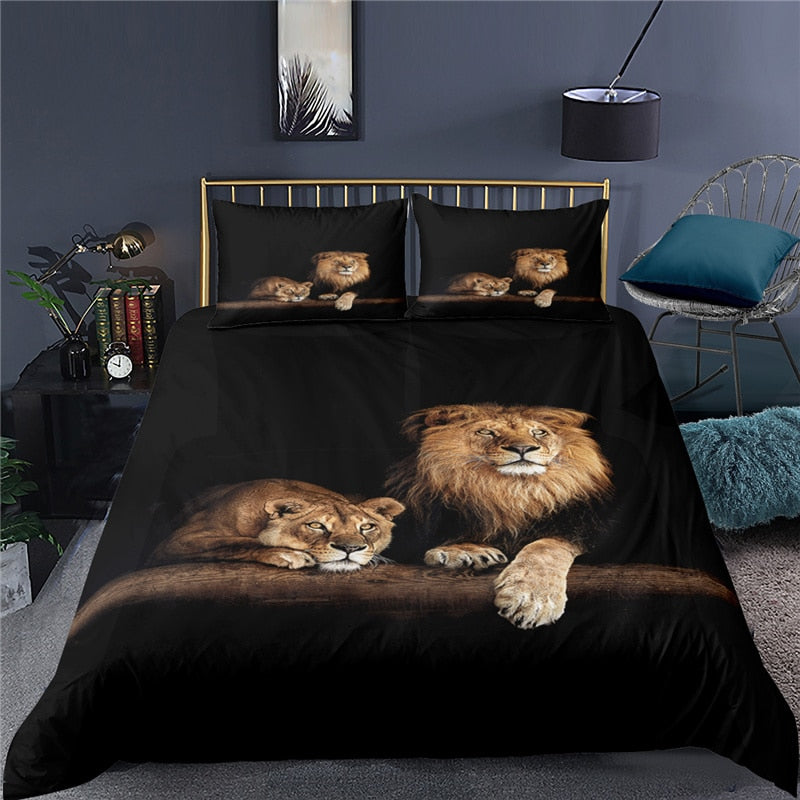 Lion And Lioness Black Duvet Cover