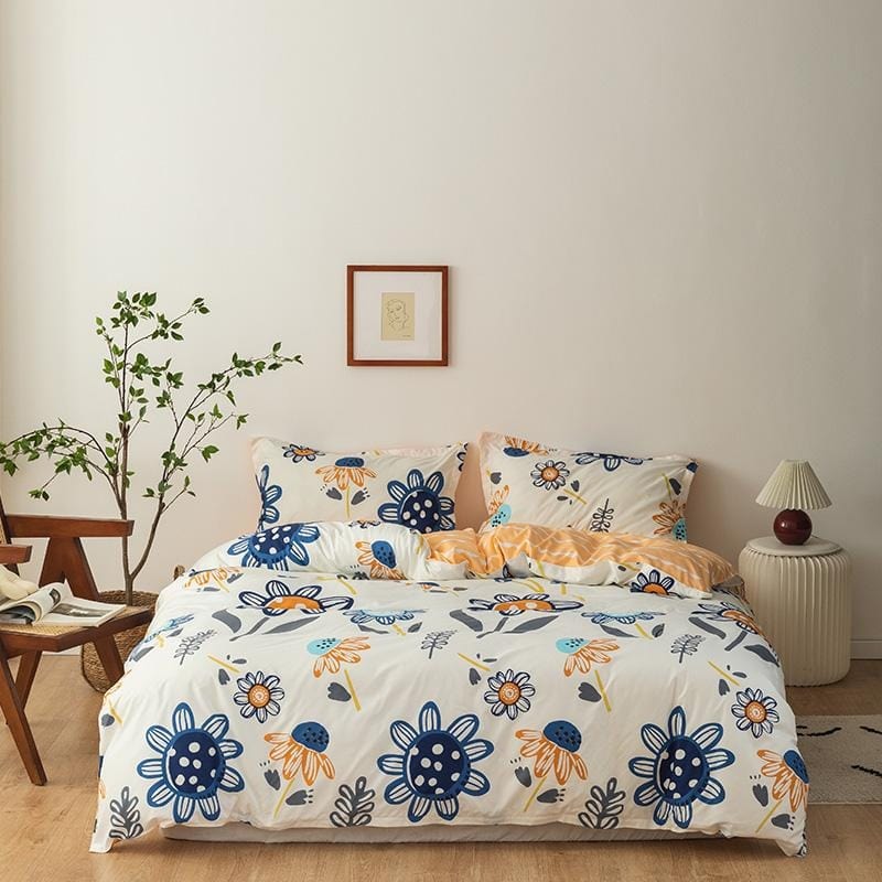 Beige Duvet Cover Little Blue Flowers