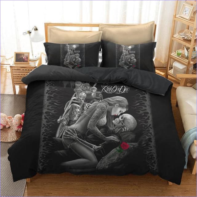 Biker Skeleton and Woman Duvet Cover