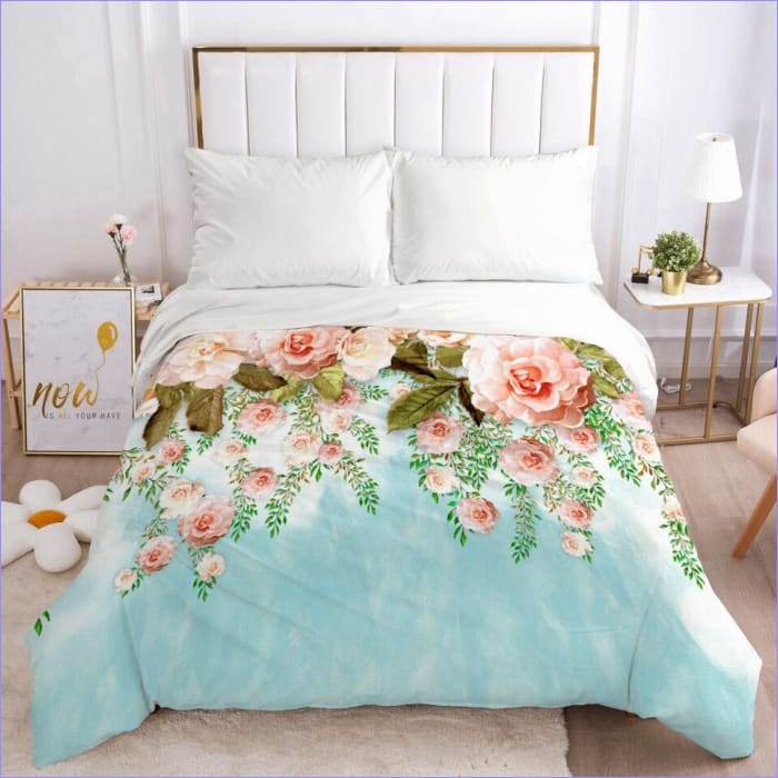 Floral Blue Duvet Cover With Light Pink Roses