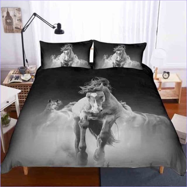 Black and white galloping horse duvet cover