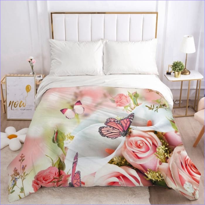 Floral Duvet Cover Bouquet of Roses and Butterflies