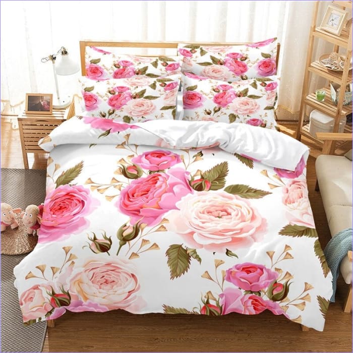 White and Pink Rose Floral Duvet Cover