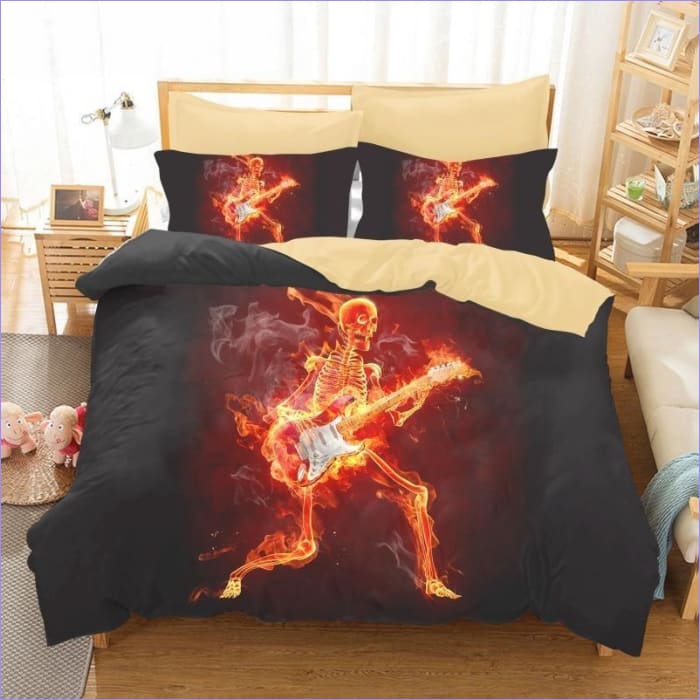 Flaming Skeleton Rock Duvet Cover