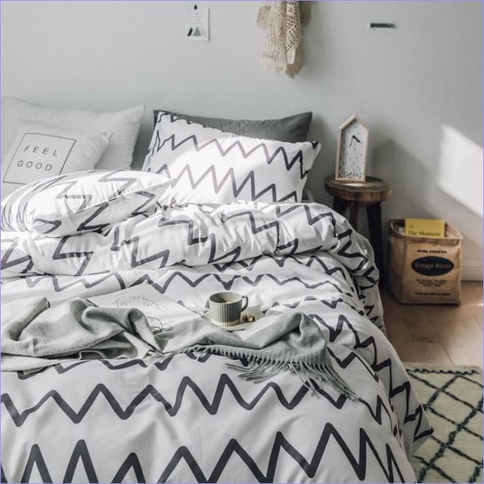 White Scandinavian Duvet Cover with Black Waves