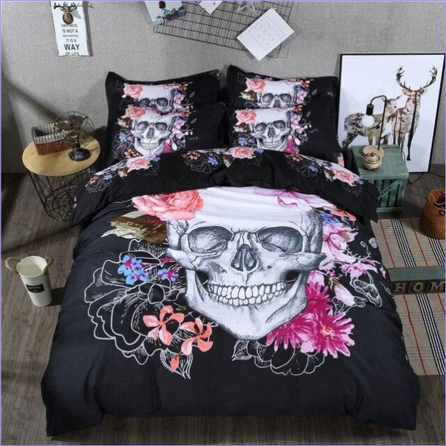 Duvet Cover Skull Crane and Flowers