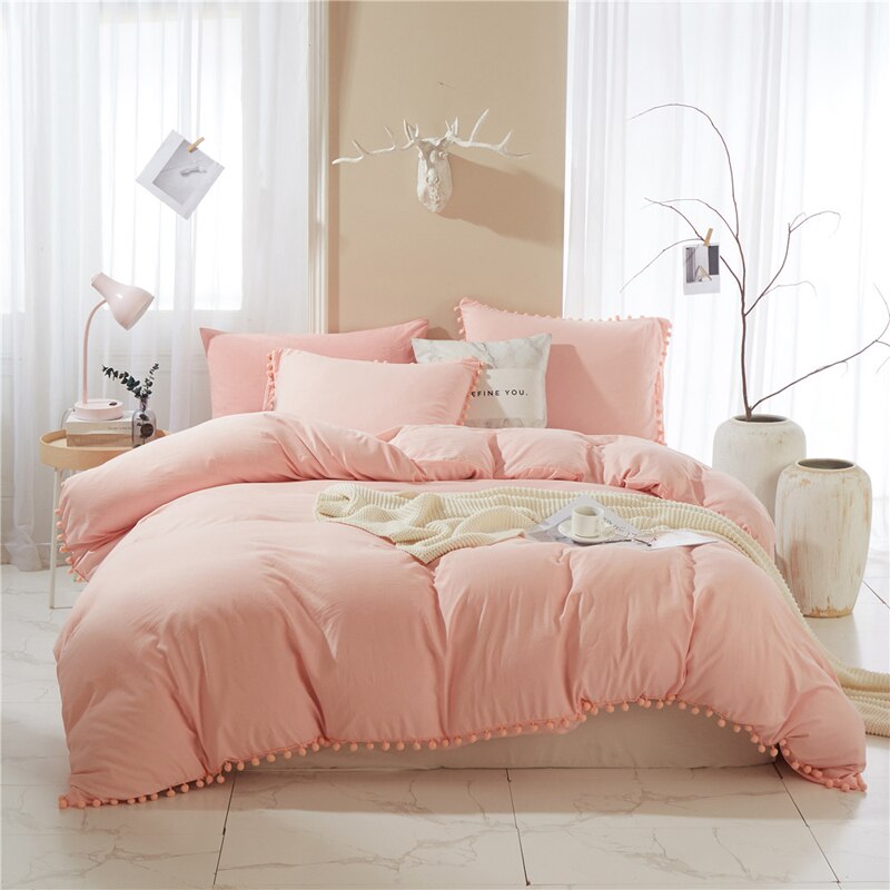 Plain Duvet Cover with Pink Pompoms