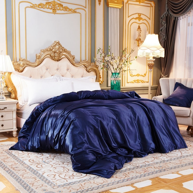 Navy Blue Ice Silk Satin Duvet Cover