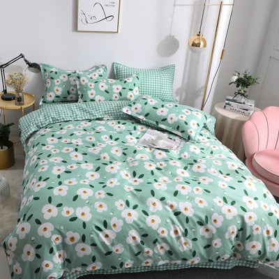 Green Duvet Cover White Flowers Pattern