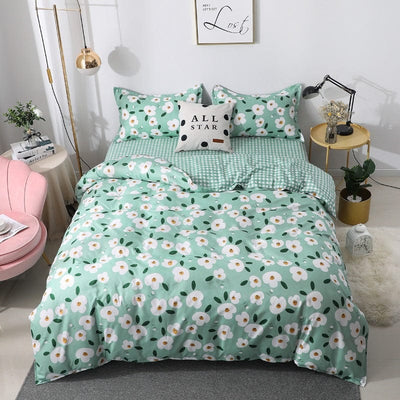 Green Duvet Cover White Flowers Pattern