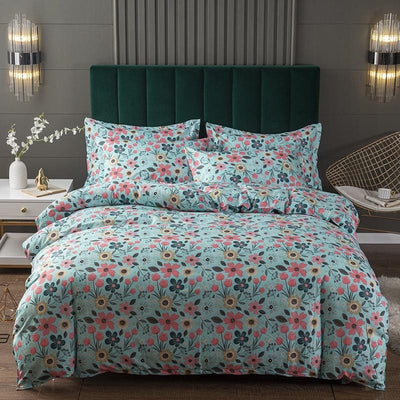 Green Duvet Cover Small Pink Flowers