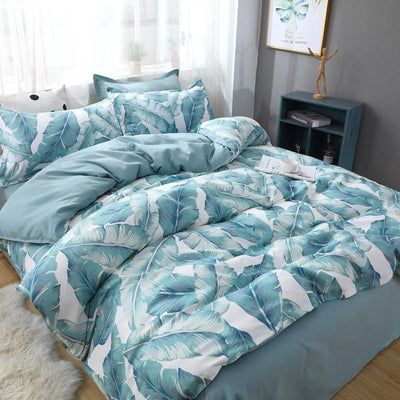 Green and White Duvet Cover Tropical Flowers