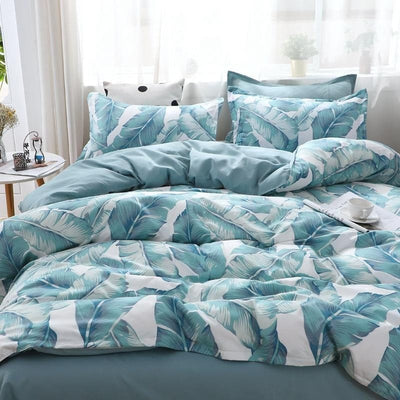 Green and White Duvet Cover Tropical Flowers