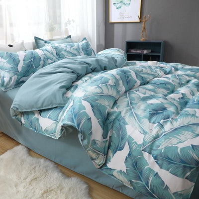 Green and White Duvet Cover Tropical Flowers